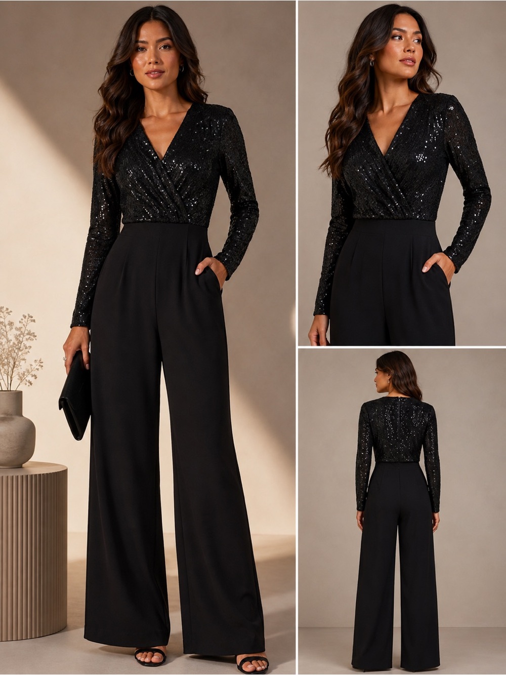 Xscape Black Sequin Wrap V-Neck Wide-Leg Jumpsuit with Long Sleeves